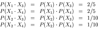 \begin{displaymath}\begin{array}{lllll}
P(X_{1} \cdot X_{3}) &=& P(X_{1}) \cdot ...
... \cdot X_{4}) &=& P(X_{2}) \cdot P(X_{4}) &=& 1/10
\end{array} \end{displaymath}