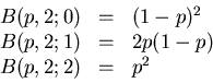 \begin{displaymath}\begin{array}{lll}
B(p,2;0) &=& (1-p)^{2} \\
B(p,2;1) &=& 2p(1-p) \\
B(p,2;2) &=& p^{2}
\end{array} \end{displaymath}