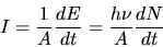 \begin{displaymath}
I = \frac{1}{A} \frac{dE}{dt} = \frac{h\nu}{A} \frac{dN}{dt}
\end{displaymath}