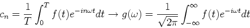 \begin{displaymath}
c_{n} = \frac{1}{T} \int_{0}^{T} f(t) e^{-in\omega t} dt \ri...
...1}{\sqrt{2\pi}} \int_{-\infty}^{\infty}
f(t) e^{-i\omega t} dt
\end{displaymath}
