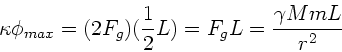 \begin{displaymath}
\kappa \phi_{max} = (2F_{g})(\frac{1}{2} L) = F_{g} L =
\frac{\gamma MmL}{r^{2}}
\end{displaymath}