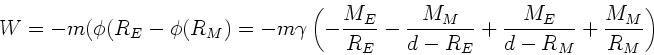\begin{displaymath}
W = - m (\phi(R_{E} - \phi(R_{M}) = - m \gamma \left( - \fra...
...R_{E}} + \frac{M_{E}}{d-R_{M}} + \frac{M_{M}}
{R_{M}} \right)
\end{displaymath}