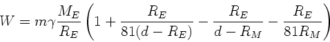 \begin{displaymath}
W = m \gamma \frac{M_{E}}{R_{E}} \left( 1 + \frac{R_{E}}{81(...
...{E})}
- \frac{R_{E}}{d-R_{M}} - \frac{R_{E}}{81 R_{M}} \right)
\end{displaymath}